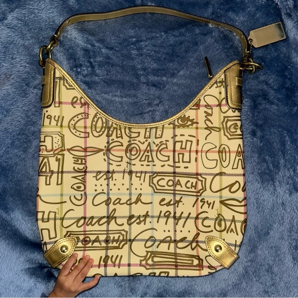 Coach Fl3309 Tattersall Gold Graffiti Hobo Purse Authenticate - Picture 2 of 6